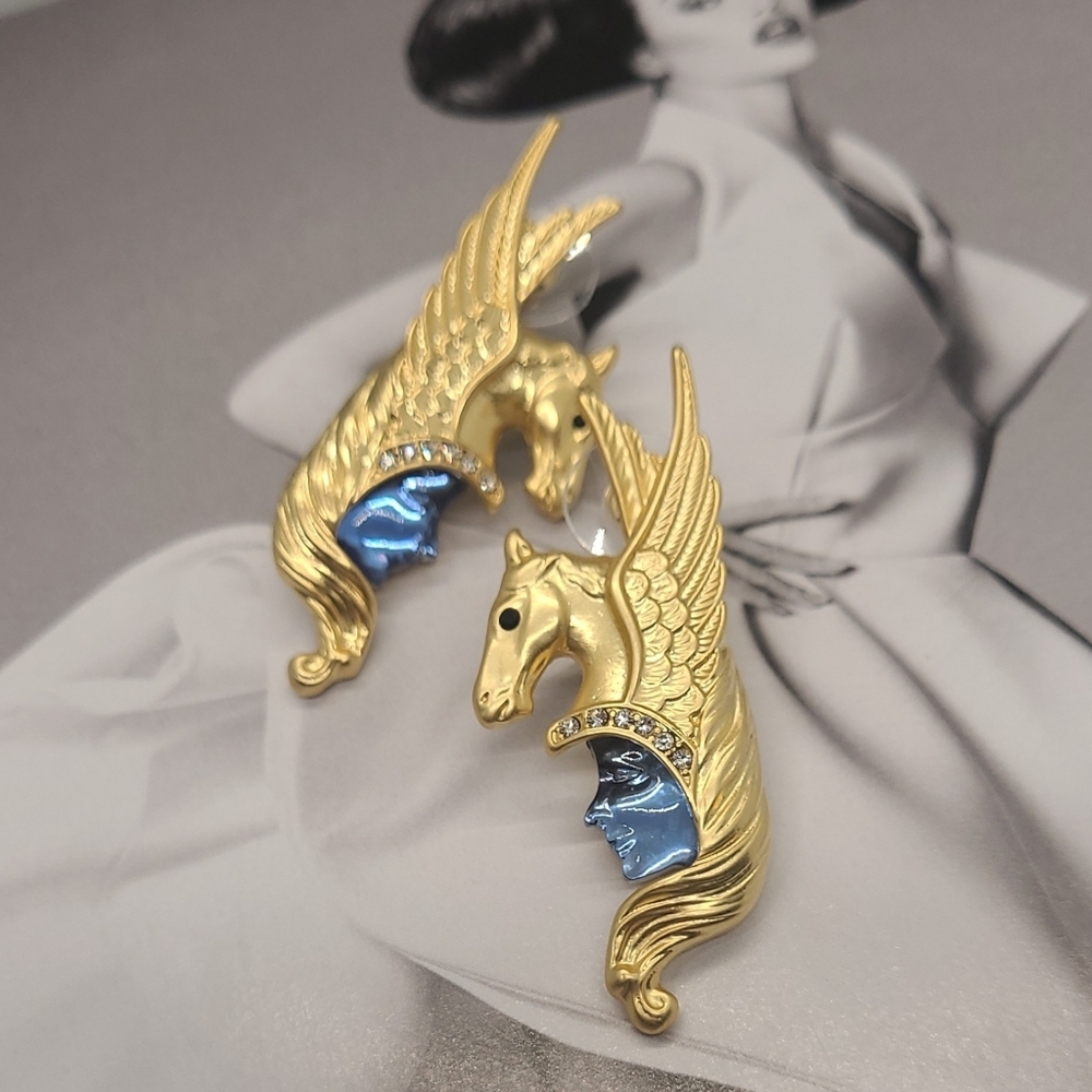 Vintage Kirks Folly Luxury Crystal Winged Pegasus Warrior Face Gold Earrings - Picture 9 of 15